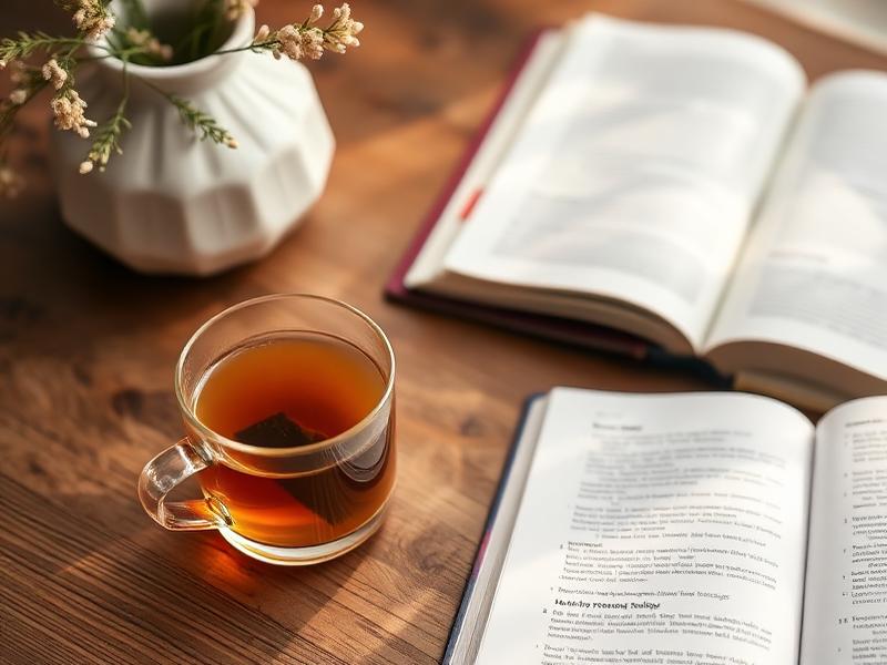 Tee und offene Bücher auf einem Holztisch