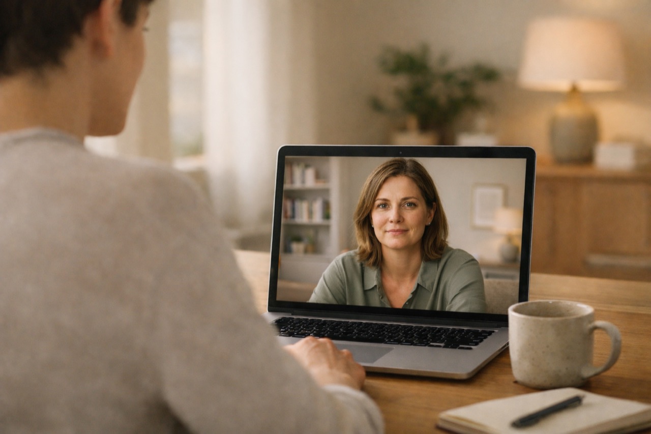 Person in einer Online-Therapiesitzung von zu Hause